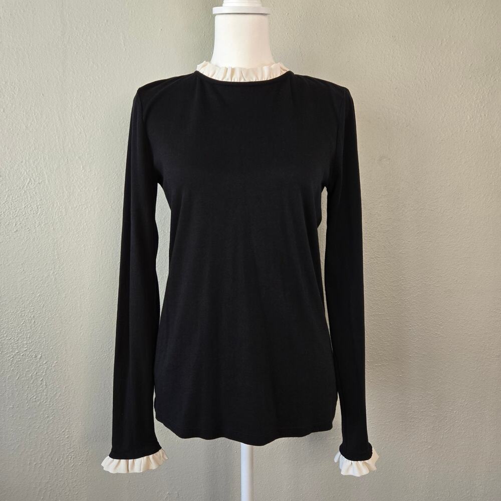 Soft Goth Ruffle Trim Long Sleeve Blouse Size M Black White Alt Girl Ann Taylor